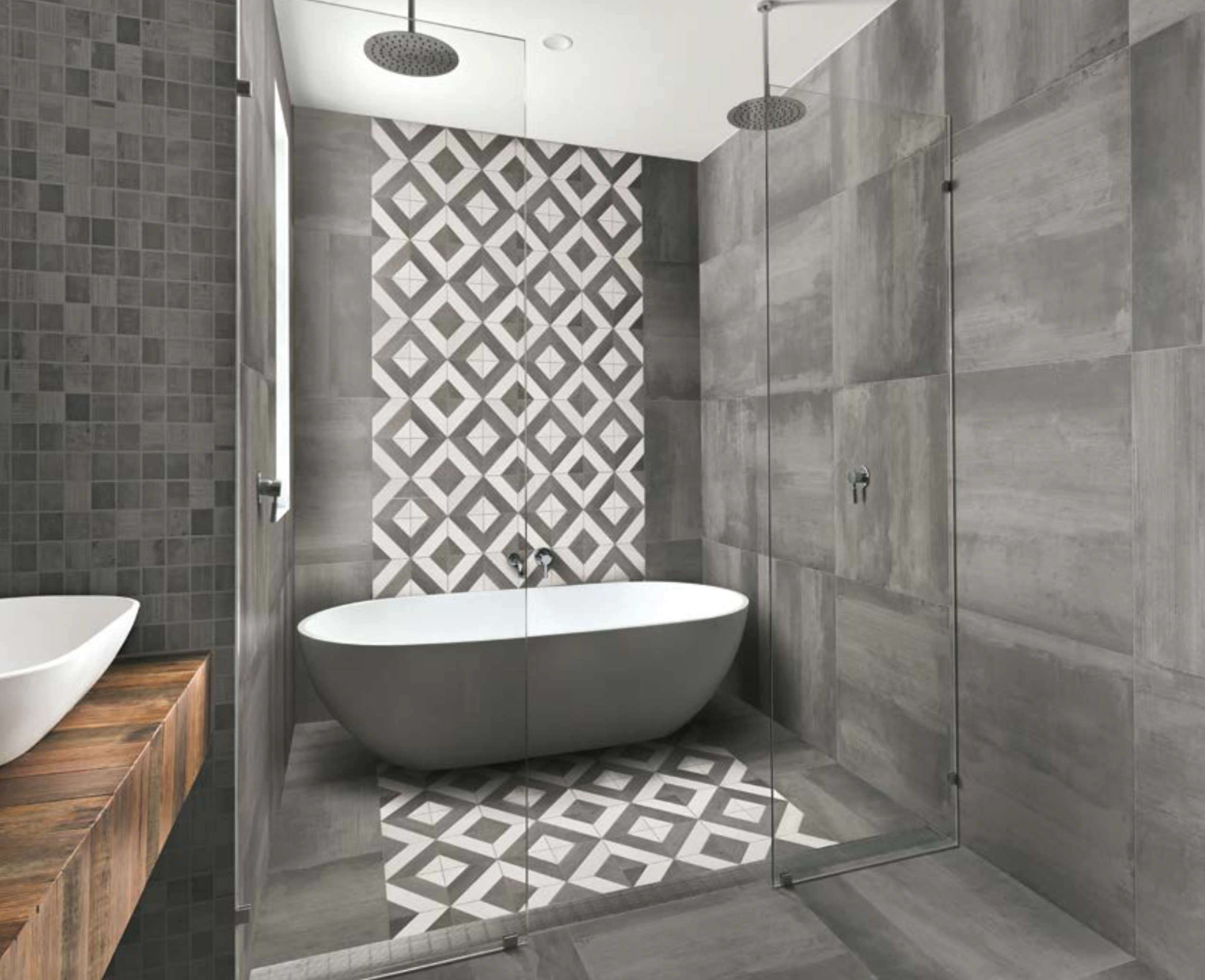 Shows a catalog scene featuring a mid tone bathroom with stark contrast between a black and white deco shower and concrete industrial tones on the walls of the bathroom