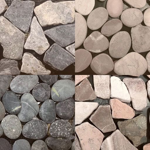 Shows an assortment of natural pebbles laid flat next to one another.