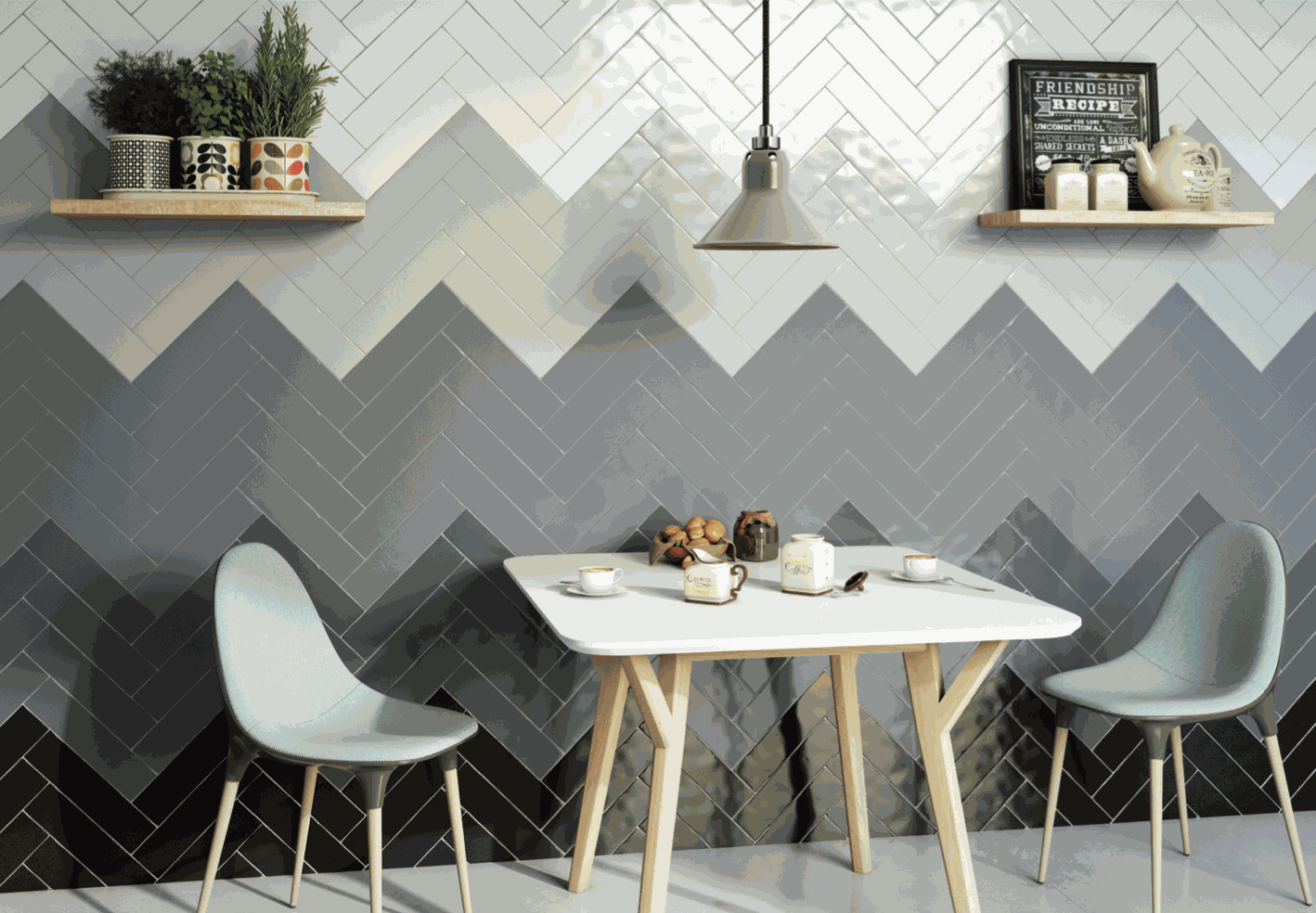 Shows a catalog scene featuring dark, grey, and white subway tiles arranged in chevrons. Modern looking