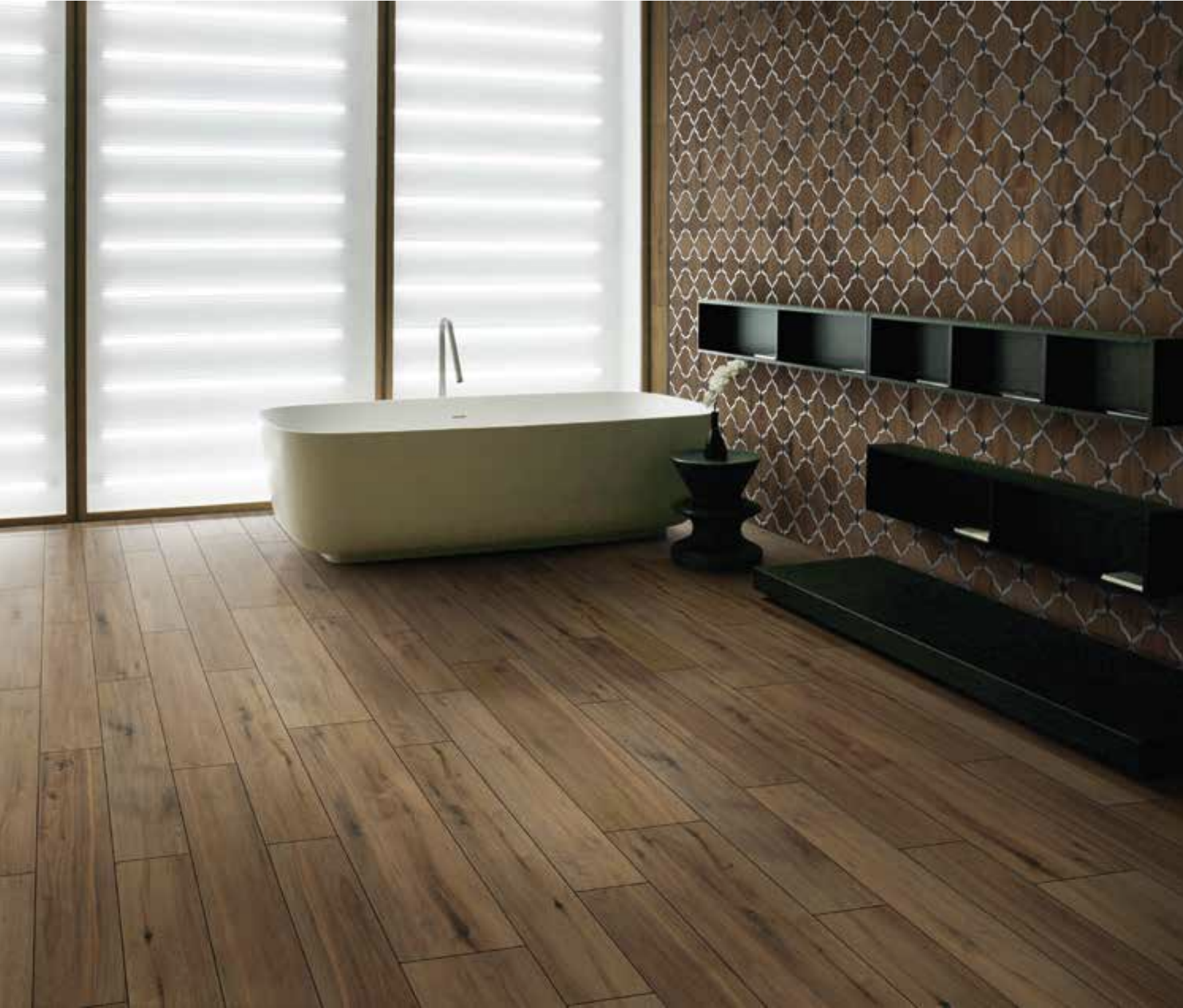Shows a catalog scene featuring a warm golden natural wood looking tile. Looks just like a wood floor!